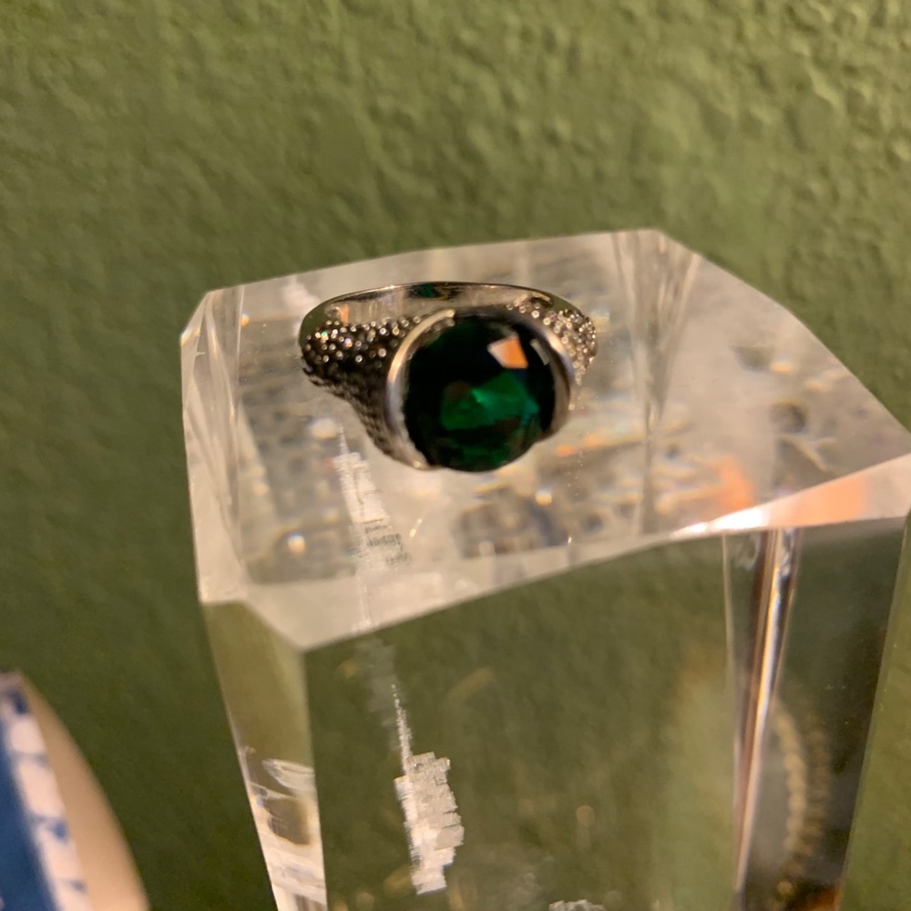 Green glass, marcasite sterling silver ring